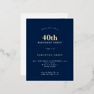 Carte Postale D'invitation À Feuilles D'aluminium 40e anniversaire minimaliste Marine Blue Glam Foil