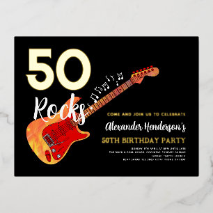 Carte Postale D'invitation À Feuilles D'aluminium 50e anniversaire de la fête Rock and Roll Gold Foi