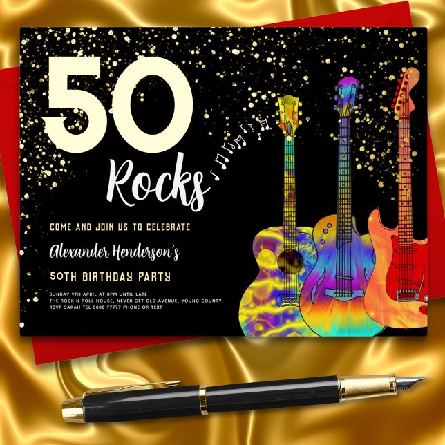 Carte Postale D'invitation À Feuilles D'aluminium 50e fête d'anniversaire 50 Rocks Parties scintilla (50 rocks gold glitter and black rock and roll 50th birthday party invitation postcard funky guitars)