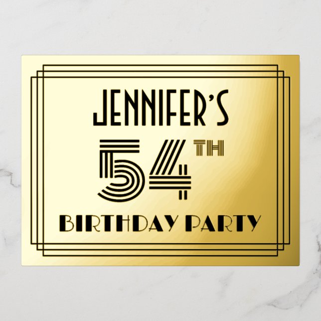 Carte Postale D'invitation À Feuilles D'aluminium 54th Birthday Party ~ Art Deco Style “54” + Name (Recto)