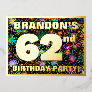 Carte Postale D'invitation À Feuilles D'aluminium 62e fête d'anniversaire : Tête de feu d'artifice c