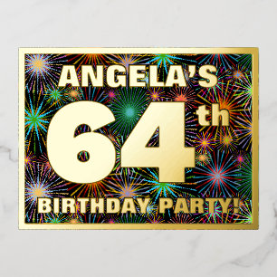 Carte Postale D'invitation À Feuilles D'aluminium 64e fête d'anniversaire : Tête de feu d'artifice c