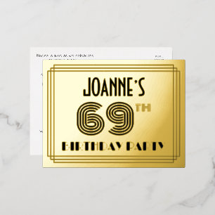Carte Postale D'invitation À Feuilles D'aluminium 69e fête d'anniversaire ~ Style Art Déco "69" + No
