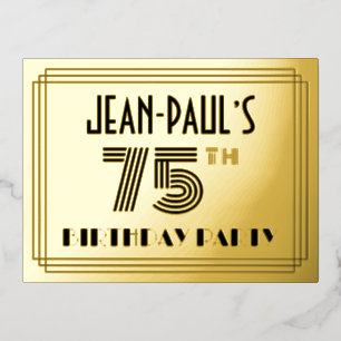 Carte Postale D'invitation À Feuilles D'aluminium 75th Birthday Party ~ Art Deco Style “75” + Name