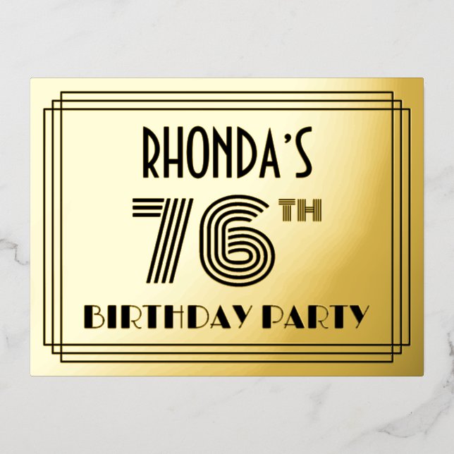 Carte Postale D'invitation À Feuilles D'aluminium 76e fête d'anniversaire ~ Style Art Déco "76" + No (Recto)