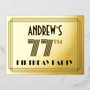 Carte Postale D'invitation À Feuilles D'aluminium 77th Birthday Party ~ Art Deco Style “77” + Name