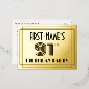 Carte Postale D'invitation À Feuilles D'aluminium 91e fête d'anniversaire ~ Style Art Déco "91" + No