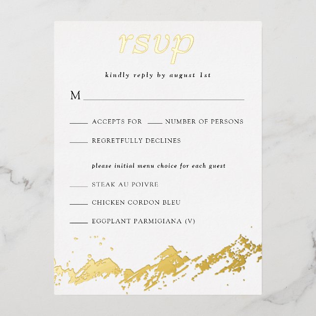 Carte Postale D'invitation À Feuilles D'aluminium Abstrait Mountain Gold sur mariage blanc RSVP (Recto)