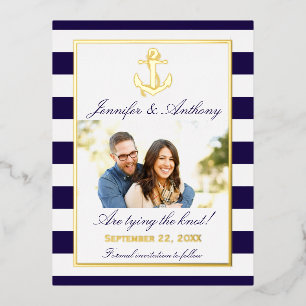 Carte Postale D'invitation À Feuilles D'aluminium Ancre Nautique Photo Mariage Enregistrer La Date R