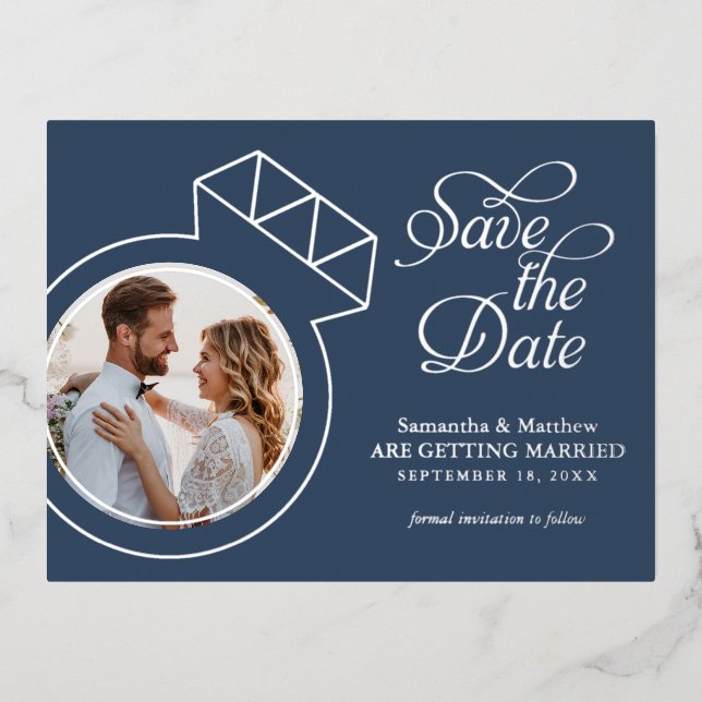 Carte Postale D'invitation À Feuilles D'aluminium Annonce de mariage avec photo de bague de fiançail (Recto)