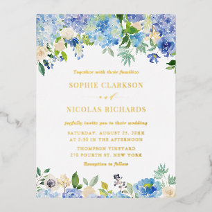 Carte Postale D'invitation À Feuilles D'aluminium Aquarelle Blue Hydrangeas et Mariage Rose