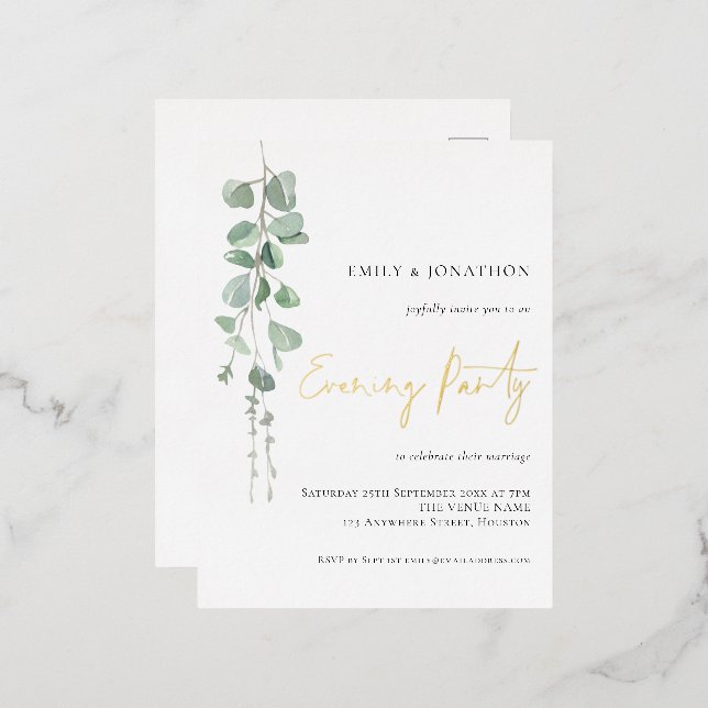 Carte Postale D'invitation À Feuilles D'aluminium Aquarelle Eucalyptus Mariage Soirée Réelle (Recto/Verso)