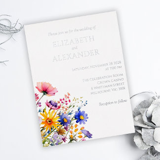Carte Postale D'invitation À Feuilles D'aluminium Argent brillant et Mariage Fleur sauvage