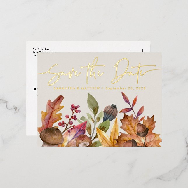Carte Postale D'invitation À Feuilles D'aluminium Automne Aquarelle Mariage botanique Enregistrer la (Recto/Verso)