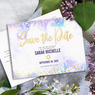 Carte Postale D'invitation À Feuilles D'aluminium Bat mitzvah Date de sauvegarde Purple Aquarelle Aq