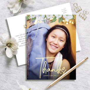 Carte Postale D'invitation À Feuilles D'aluminium Bat mitzvah Merci Photo Floral Bold Real Gold