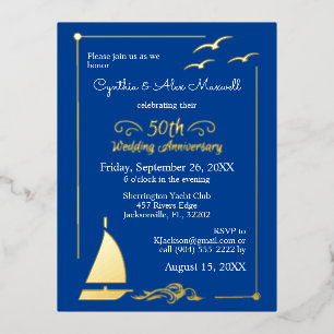 Carte Postale D'invitation À Feuilles D'aluminium Bateau à voile 50e anniversaire de mariage Or