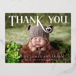 Carte Postale D'invitation À Feuilles D'aluminium Bébé à coeur moderne Photo Merci