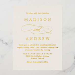 Carte Postale D'invitation À Feuilles D'aluminium Bien-aimé ivoire et Mariage d'or