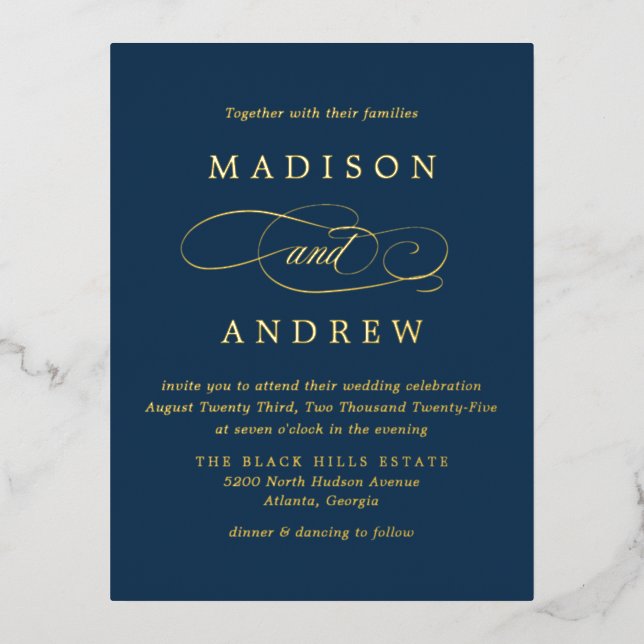 Carte Postale D'invitation À Feuilles D'aluminium Bien-aimé Marine et Mariage d'or (Recto)