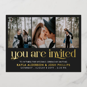 Carte Postale D'invitation À Feuilles D'aluminium Black Gold Serif 3 Photos Vous Êtes Invité Mariage