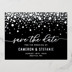 Carte Postale D'invitation À Feuilles D'aluminium Black Modern Confetti Argent Foil Enregistrer la d