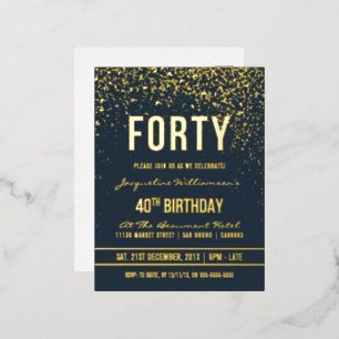 Carte Postale D'invitation À Feuilles D'aluminium Bleu foncé   Gold Confetti 40e fête d'anniversaire