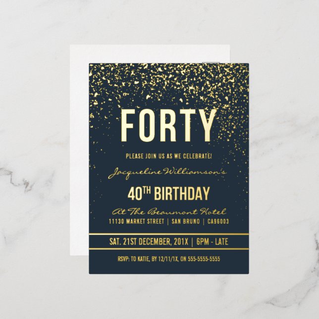 Carte Postale D'invitation À Feuilles D'aluminium Bleu foncé | Gold Confetti 40e fête d'anniversaire (Recto/Verso)