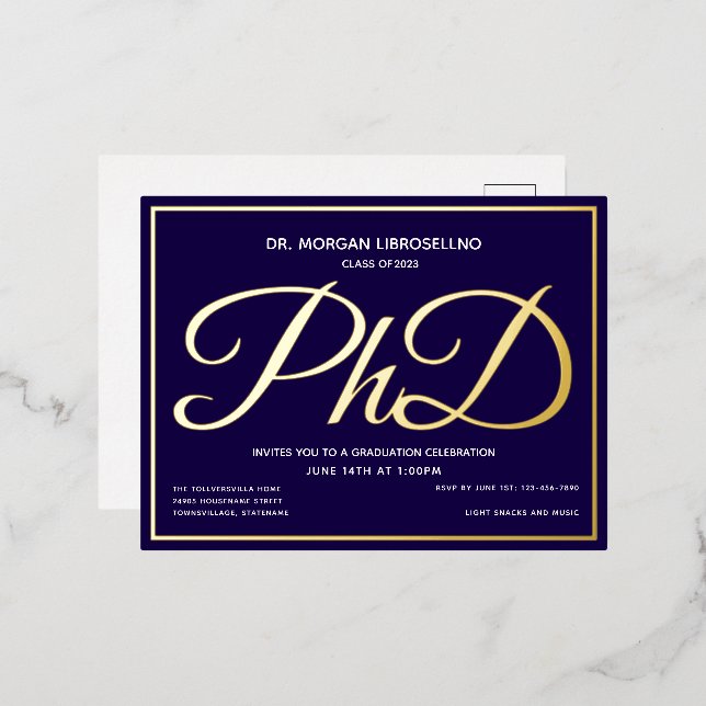 Carte Postale D'invitation À Feuilles D'aluminium Bleu Gold Doctorat (Recto/Verso)
