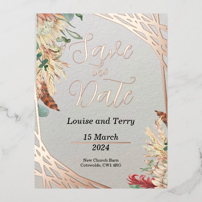 Carte Postale D'invitation À Feuilles D'aluminium Boho & Foil Enregistrer la date (Recto)