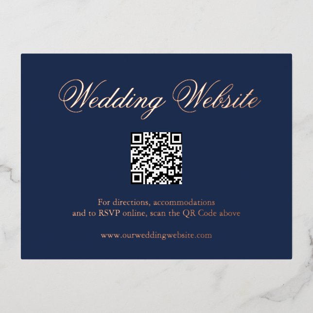 Carte Postale D'invitation À Feuilles D'aluminium Boîtier de Mariage de code QR bleu de la marine tr (Recto)