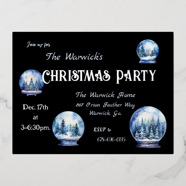 Carte Postale D'invitation À Feuilles D'aluminium Boules à neige à l'aquarelle artistique Fête d'hiv (Recto)