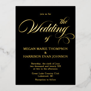 Carte Postale D'invitation À Feuilles D'aluminium Calligraphie intemporelle Mariage classique Invite