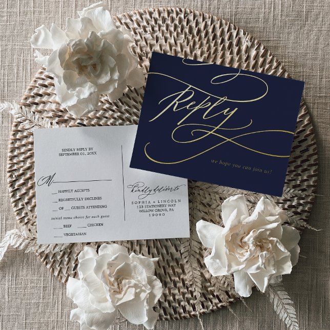Carte Postale D'invitation À Feuilles D'aluminium Calligraphie romantique Gold Foil Marine Blue Repa (Créateur téléchargé)