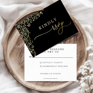 Carte Postale D'invitation À Feuilles D'aluminium Carte de réponse de mariage à filigrane noir et or