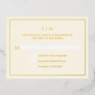 Carte Postale D'invitation À Feuilles D'aluminium Carte de réponse de mariage à monogramme jaune beu