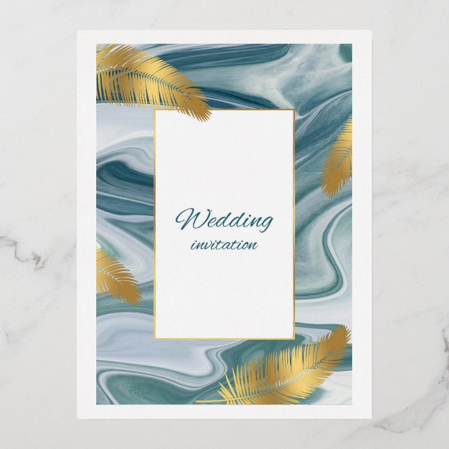 Carte Postale D'invitation À Feuilles D'aluminium Carte d'invitation de mariage en marbre liquide bl (Recto)