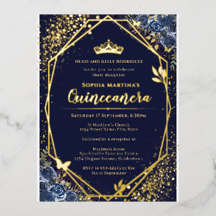 Carte Postale D'invitation À Feuilles D'aluminium Carton d'invitation Quinceanera Navy et feuille d'