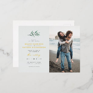Carte Postale D'invitation À Feuilles D'aluminium Chic Simple Bleu & Vert Branche Mariage Photo