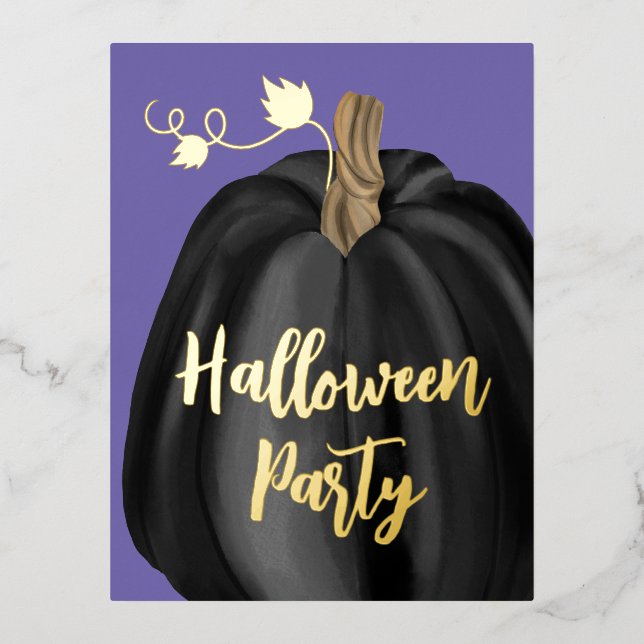 Carte Postale D'invitation À Feuilles D'aluminium Citrouille d'Halloween Purple Gold Script (Recto)