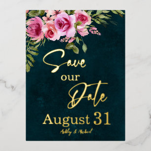 Carte Postale D'invitation À Feuilles D'aluminium Classic Emerald Green Bourgogne Dark Moody Mariage