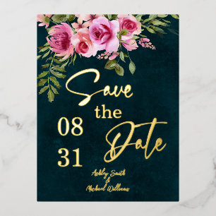 Carte Postale D'invitation À Feuilles D'aluminium Classic Emerald Green Dark Moody Mariage