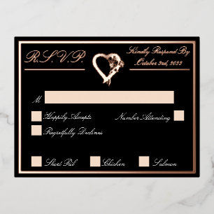Carte Postale D'invitation À Feuilles D'aluminium Coeur & Rose, Noir Mariage RSVP Rose Or
