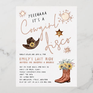 Carte Postale D'invitation À Feuilles D'aluminium Cowgirl moderne Disco Bacheloro Party Real