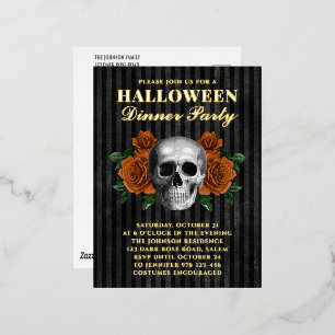 Carte Postale D'invitation À Feuilles D'aluminium Crâne Orange Rose Halloween Diner Party Gold