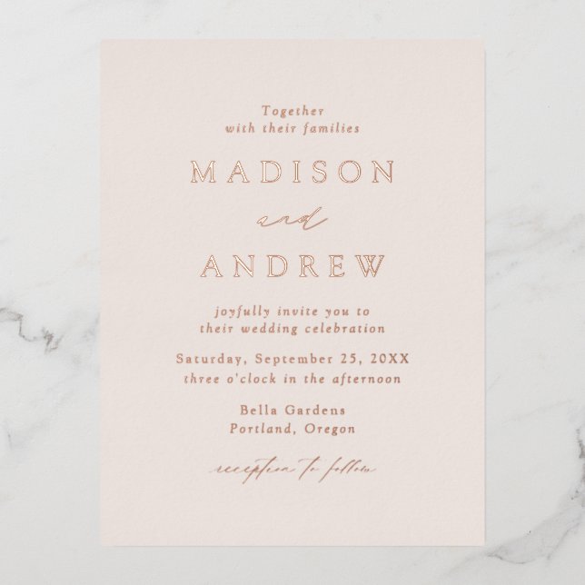 Carte Postale D'invitation À Feuilles D'aluminium Crème d'élégance moderne et Mariage d'or Rose (Recto)