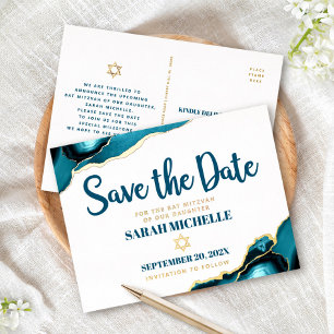 Carte Postale D'invitation À Feuilles D'aluminium Date de sauvegarde Bat Mitzvah Turquoise Agate Or 