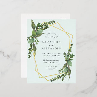 Carte Postale D'invitation À Feuilles D'aluminium Design vert Mint & Or Mariage géométrique