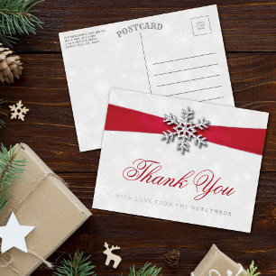 Carte Postale D'invitation À Feuilles D'aluminium Diamante Flocon de neige et Ruban rouge Mariage d'