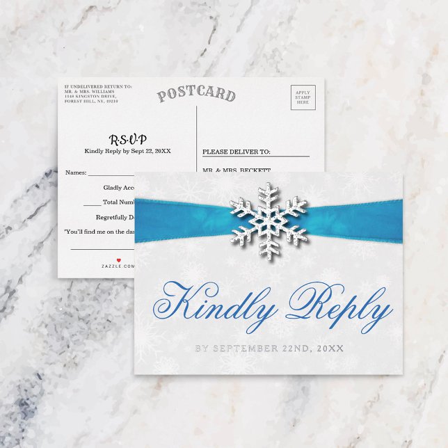 Carte Postale D'invitation À Feuilles D'aluminium Diamante Snowflake & Blue Ribbon Mariage d'hiver (Créateur téléchargé)